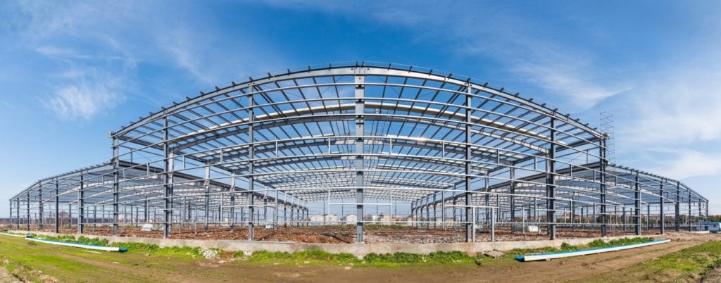 steel structure workshop panoramic view, factory buildings in construction